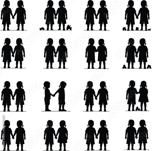 Sisters and Twins Holding Hands Silhouette Set - Childhood Friendship, Siblings and Peer Bonding