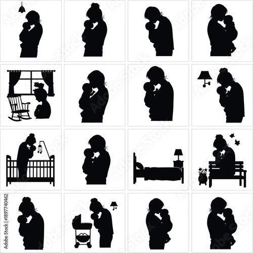 Mother and Newborn Nighttime Care Silhouette Set - Nursery Routine and Infant Bonding