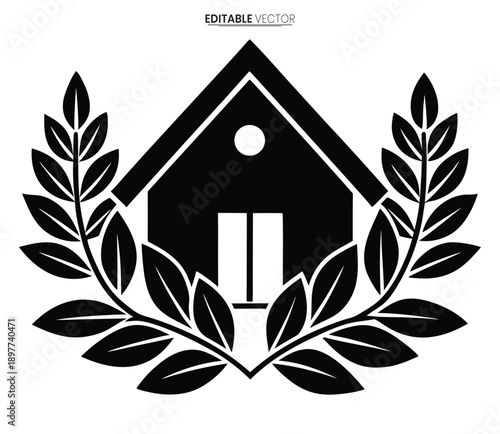 A black silhouette of a house framed by laurel branches creating a decorative vector design