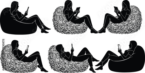 Woman using smartphone silhouettes set showing relaxed female sitting on bean bag chairs, modern lifestyle, digital communication moments isolated on white background vector illustration