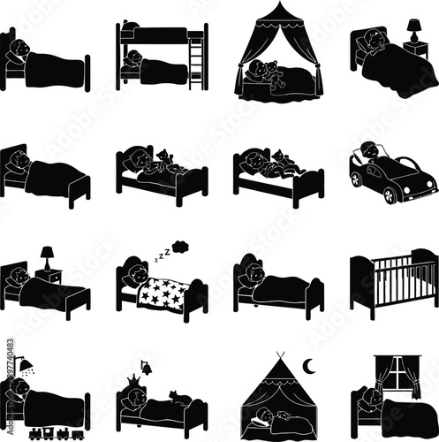 Children Sleeping in Bed Silhouette Set - Nursery, Bedtime Routine and Sleep Therapy Icons