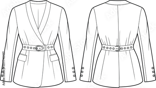 Women belted blazer technical drawing, front and back view, fashion jacket template, tailored apparel outline vector illustration, cad design