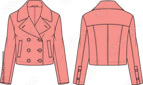 Women cropped jacket front and back view, cad drawing flat vector illustration, fashion technical design apparel outerwear template
