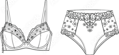Women lingerie bra and panties technical illustration vector, floral lace underwear set, fashion CAD drawing isolated on white background