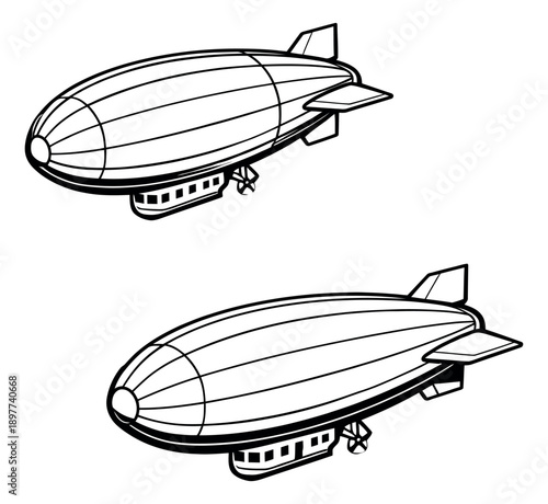 Line art airship set featuring two vintage blimps for transportation design