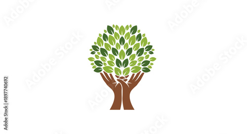 Hands Holding Green Leaves Tree Logo Icon - Environmental Protection, Growth, Sustainability, Ecology, and Organic Life Symbol