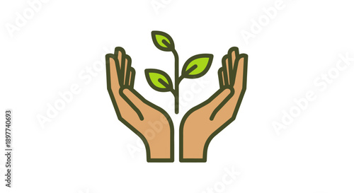 Caring Hands Protecting Green Sprout Icon. Symbol of Growth, Sustainability, Ecology, and Environmental Conservation.
