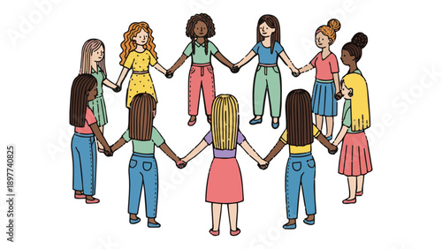 Diverse Multicultural People Holding Hands in Circle – Unity and Community Vector Illustration for Social, Diversity, and Inclusion Themes