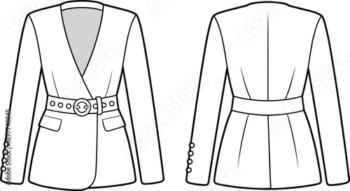 Women tailored blazer technical drawing, front and back view, fashion jacket template, elegant apparel outline vector illustration, design, clothing, cad
