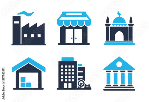 Industrial, Shop, and Worship Place icon set. Solid glyph series icons