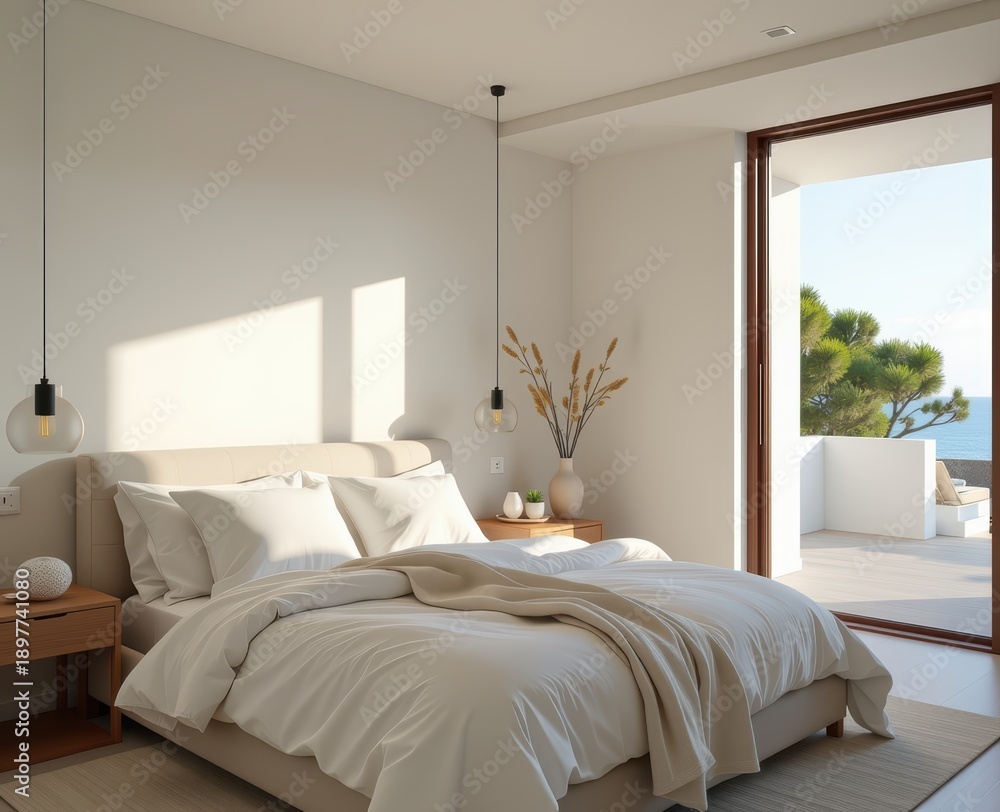 Fototapeta premium Modern bedroom with large windows and natural light, coastal view outside.