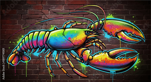 Vibrant graffiti art of a rainbow-colored lobster with paint splatters on a dark brick wall.
