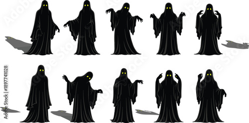 Cartoon ghost characters with glowing yellow eyes, black cloaked figures in expressive poses, spooky Halloween illustration for festive design