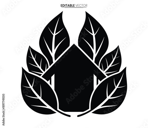 A black silhouette of a house shape is framed by overlapping leaf designs in vector art