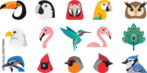 Flat colorful bird icon set with toucan, parrot, flamingo, hummingbird, owl, eagle, peacock and cartoon wildlife