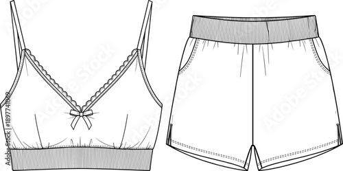 Women’s loungewear set, camisole and shorts, fashion technical sketch, garment design, sleepwear template, cad drawing flat vector illustration