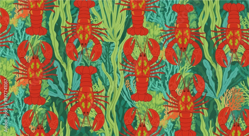 A vibrant repeating pattern featuring red lobsters swimming amidst green and teal underwater foliage.