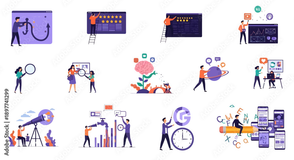 Fototapeta premium People working together on business projects, collaborating and brainstorming ideas in a modern, professional environment, viewed from above.
