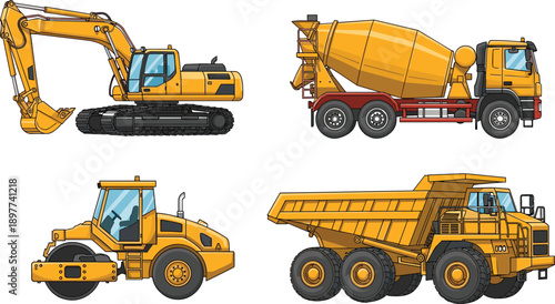 Yellow construction machinery set featuring excavator concrete mixer road roller and dump truck isolated on white background for industrial engineering illustration design concept