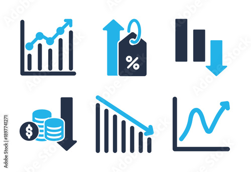 Financial Downtrend and Statistic icon set. Solid glyph series icons