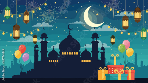 Mosque silhouette with crescent moon, fireworks, lanterns, string lights, balloons, gifts, festive Eid celebration night scene