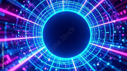 Futuristic Tunnel with Neon Lights and Grid.