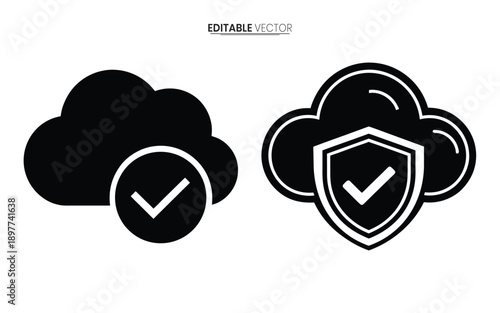 Two black cloud icons with checkmarks one inside a circle one within a shield
