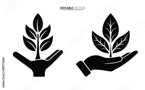 Two black silhouettes depicting hands cradling plant sprouts symbolizing growth and environmental care high quality