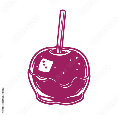 a candy coated apple with a stick on a white background
