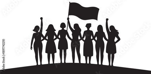 Silhouette group of women holding hands together at protest march during international day