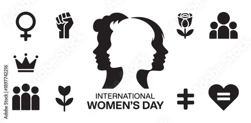 International women day graphic elements with female profiles symbols and equality icons set
