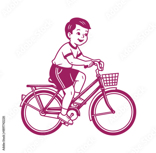 boy riding bicycle with basket on front wheel smiling and looking ahead