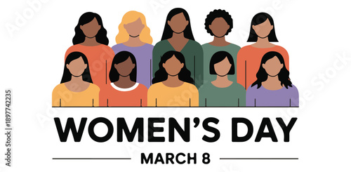 International women's day. diverse group of women standing together celebrating march 8