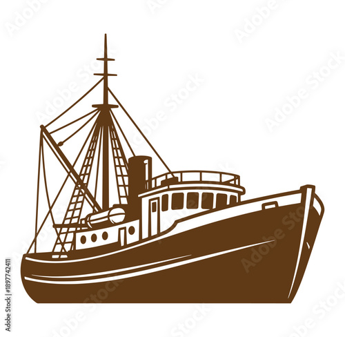 Brown fishing boat with a cabin and a large mast on white background