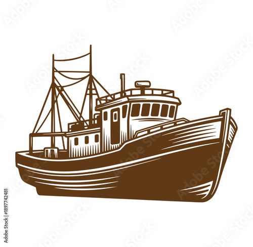 Brown fishing boat with cabin and mast on white background