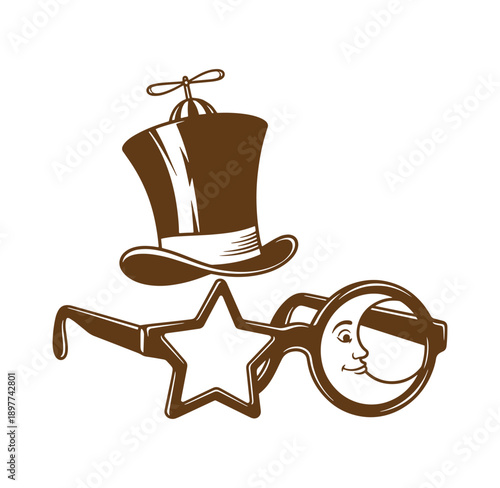 Brown top hat and novelty glasses with star and moon lens on white background