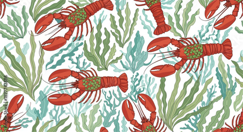 Seamless pattern with red lobsters and green seaweed on a white background, underwater marine life illustration.