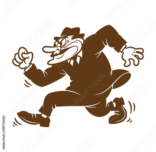 cartoon man in suit and hat running with fists clenched and motion lines around feet