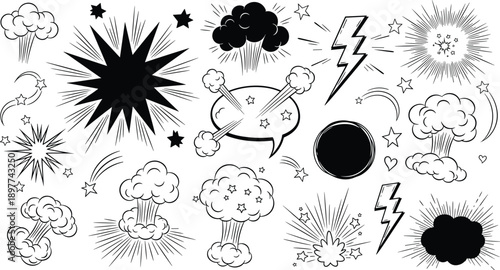 Comic Explosion Vector Set, Blast Effect Illustrations, Boom Burst Icons, Action Cartoon Elements, Superhero Impact, Lightning Bolts,