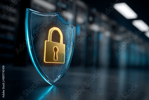 Glowing digital shield with a padlock icon in a dark server room