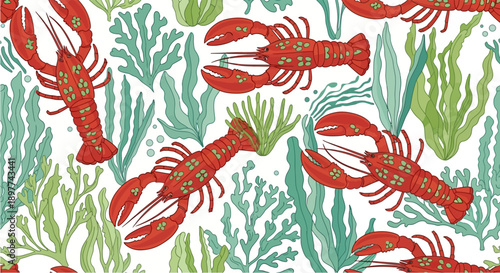 A vibrant seamless pattern featuring red lobsters swimming among green and teal underwater plants and seaweed on a white background.