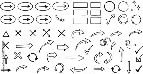 Hand Drawn Arrow and Interface Icon Set, Navigation Pointers, Checkbox and Cross Symbols, Circular Motion Elements,