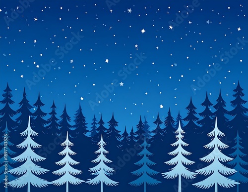 A serene winter scene depicts a dark forest silhouetted against a starlit, gradient-blue sky. Evergreen trees fill the frame's foreground
