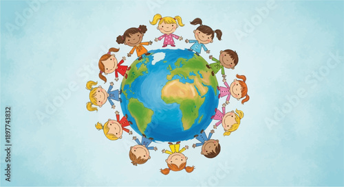 Diverse children holding hands around the globe, symbolizing global unity, peace, and friendship among different cultures and races.