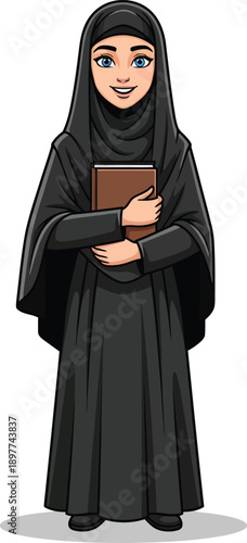 A smiling young Muslim woman in a black hijab and abaya holding a book to her chest.