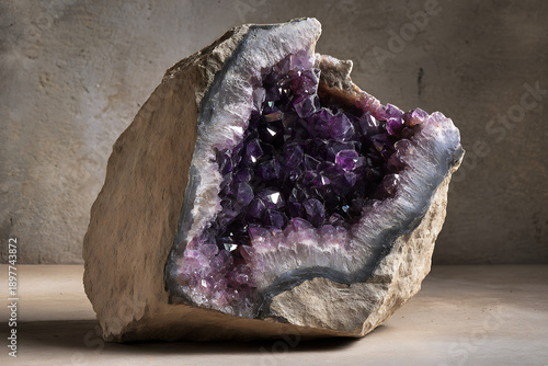 Large purple amethyst crystal geode on a neutral background