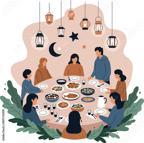 A stylized illustration of a family sharing a festive Iftar meal together under hanging lanterns a crescent moon and stars.