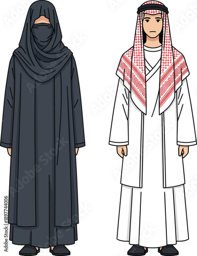 An illustrated Arab man and woman standing in traditional Middle Eastern attire.