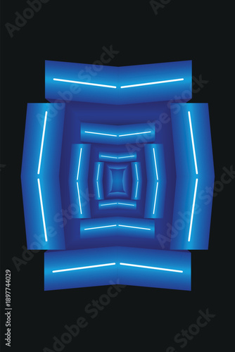 Futuristic Abstract Blue Neon Light Tunnel Background. Glowing Geometric Cyberpunk Lines on Black Background for Technology, Gaming, and Modern Sci-Fi Digital Art Projects