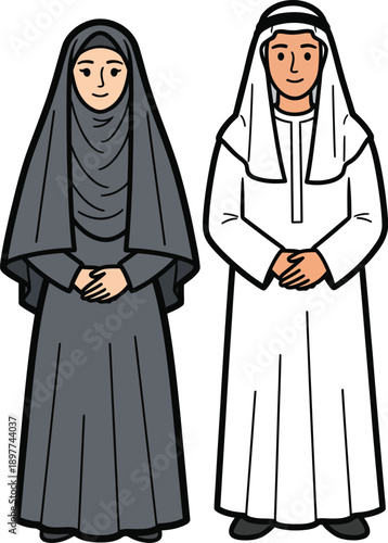 Cartoon illustration of a Muslim couple in traditional Middle Eastern attire standing together.